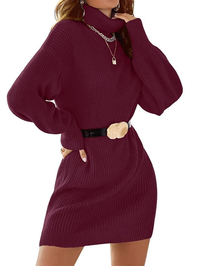 SunnyMelody Womens Turtleneck Sweater Dress Fall Winter 2025 Trendy Long Lantern Sleeve Casual Knit Pullover Mini Dresses