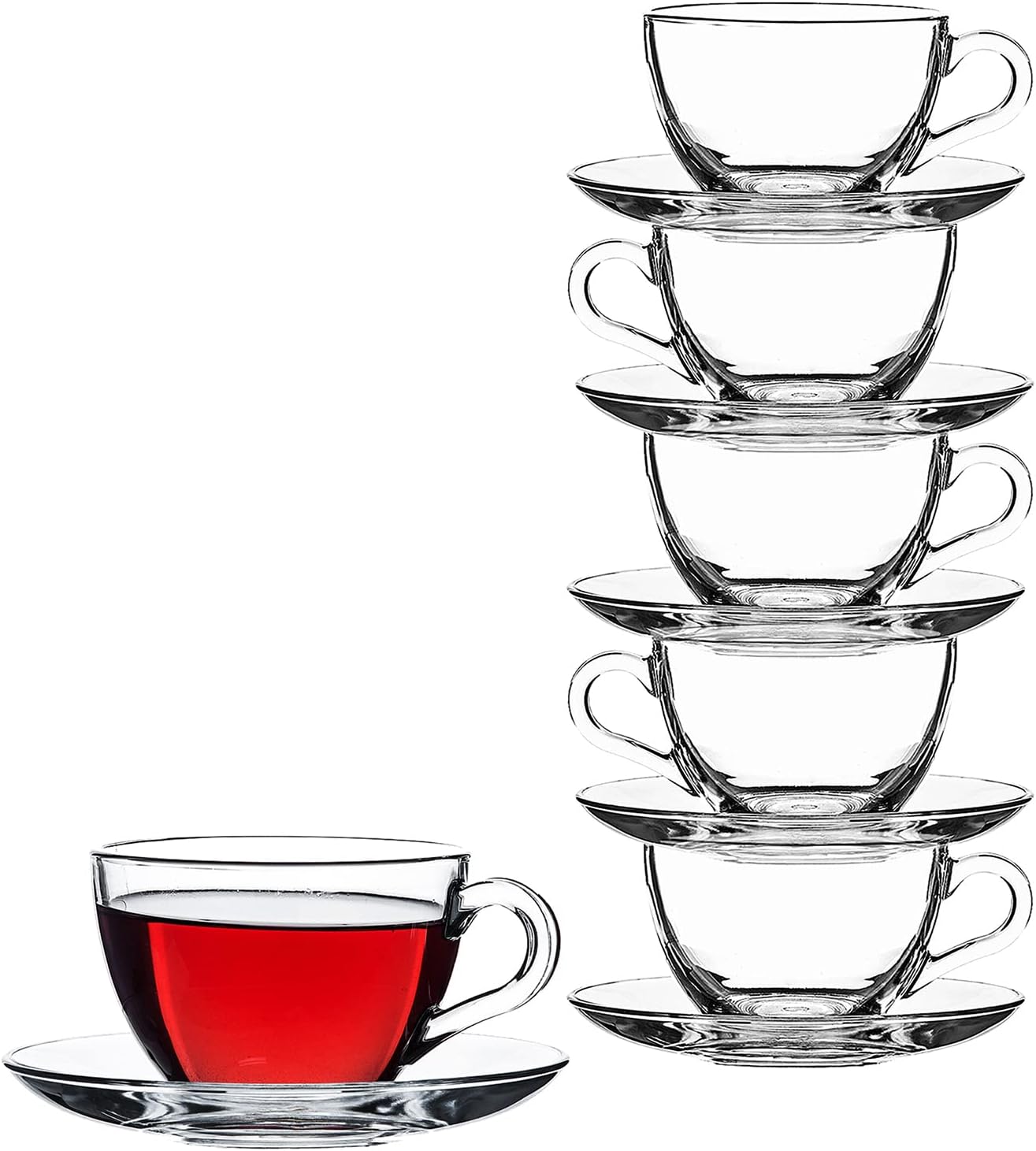 Pasabahce Basic 97948 12-Piece Glass Cups with Saucers for Tea, Coffee, Cappuccino for 6 People, 238ml