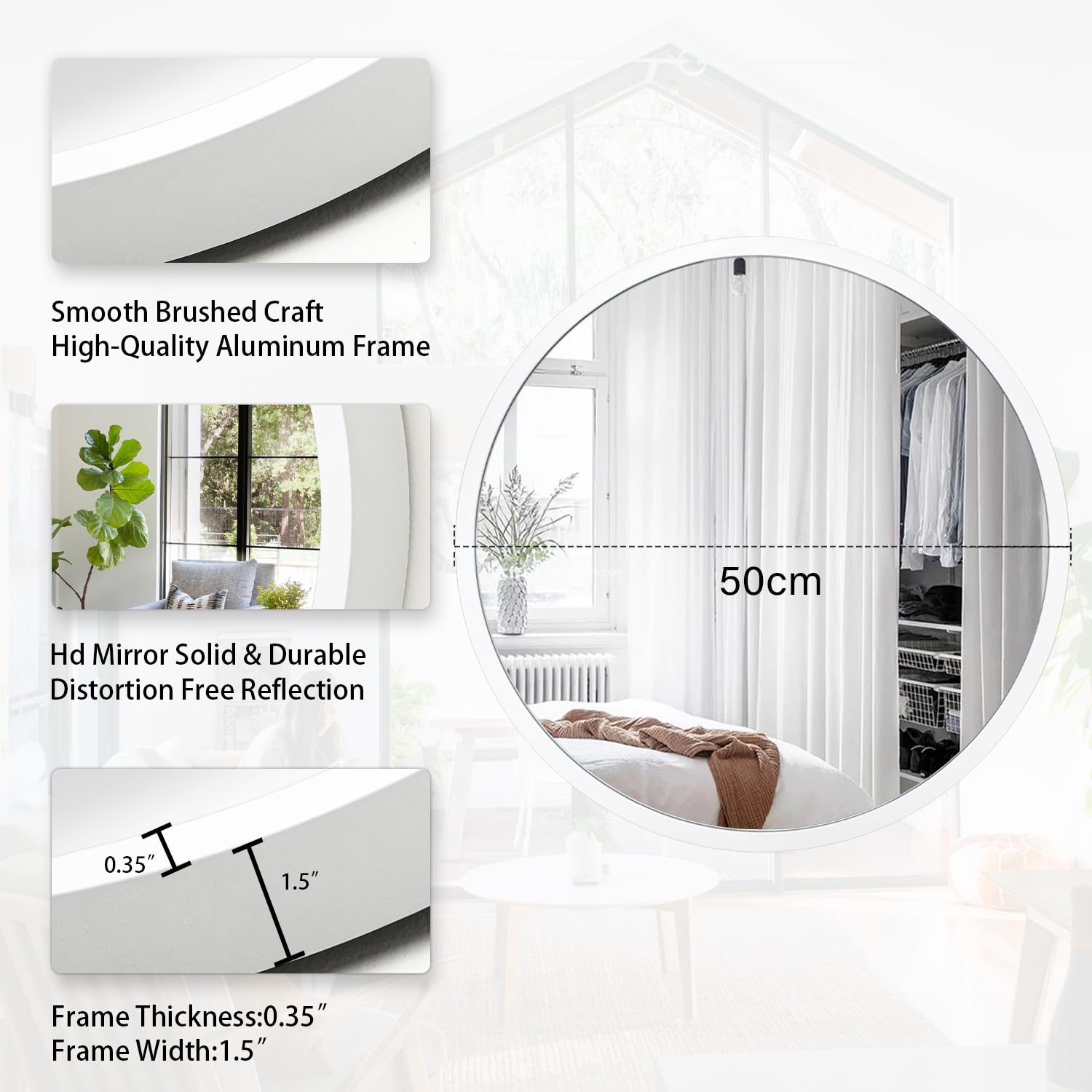 JJUUYOU Specchio Rotondo Bianco Circolare Specchio 50CM Specchi da Bagno con Cornice in Metallo Specchi per Camera da Letto Parete Soggiorno Specchio da Toeletta per Arredamento Casa Moderno