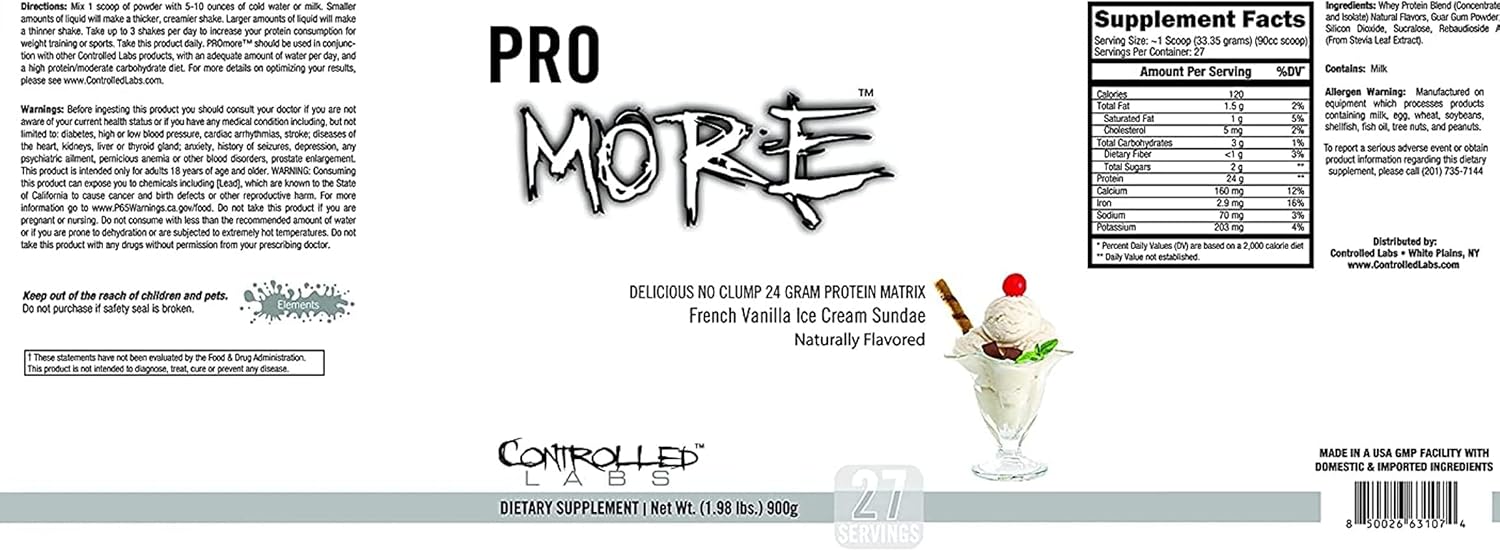 CONTROLLED LABS PROmore Protein Powder (27 Servings) - 24g Protein Per Scoop - 94% Sugar-Free, Premium Smooth-Drink Formula (Chocolate Ice Cream Sundae) (27 Servings, French Vanilla Ice Cream Sundae)