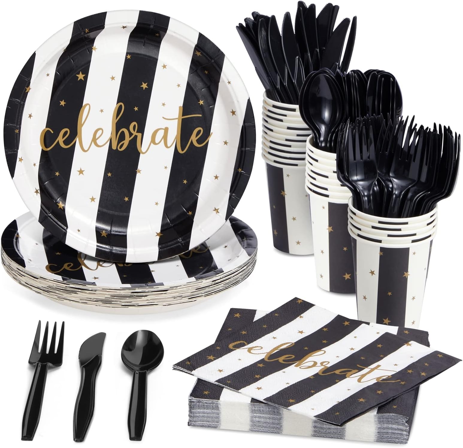 144 Piece Black and White Party Supplies - Serves 24 Striped Celebrate Plates, Napkins, Cups and Cutlery Set for Birthday, Graduation