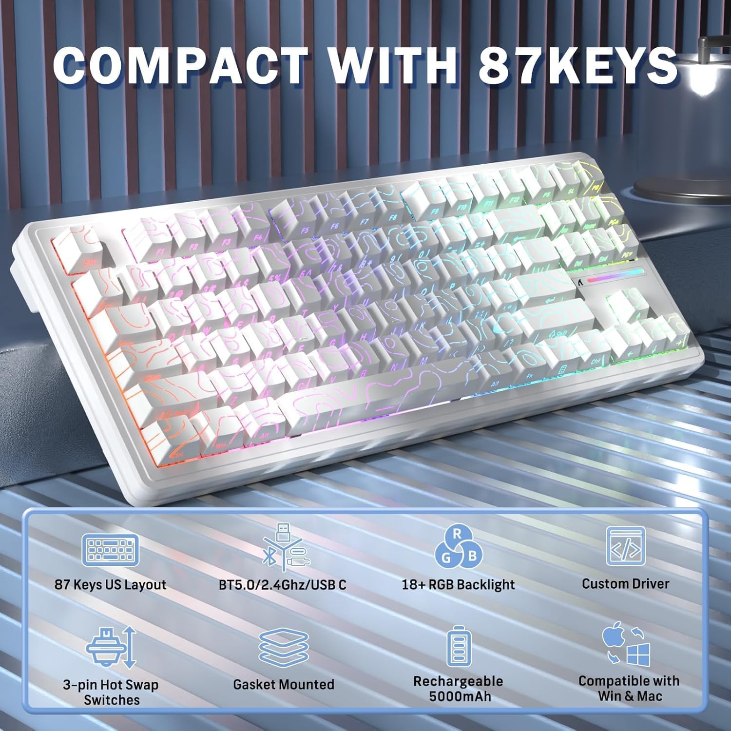ATTACK SHARK M87 PRO Wireless Mechanical Gaming Keyboard,Hot Swappable Gasket RGB Custom Keyboard,Linear Switch&Side Printed PBT Keycaps,BT5.0/2.4Ghz/Type-C,5000mAh Battery for Win Mac(White Contour)