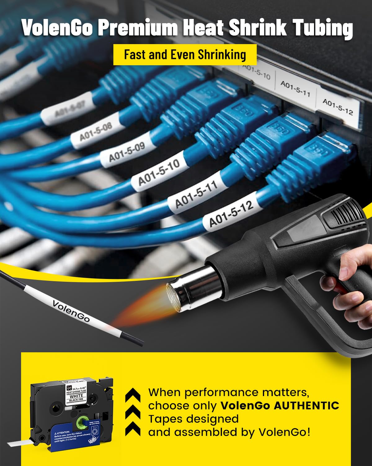 Nastri termorestringenti E1000, 11,7 mm, neri su bianchi, compatibili con PT-E560BTVP E510VP E310BTVP, ricambio per Brother P-Touch HSe-231 HSe231 HS-231, confezione da 4