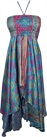 Women's Vintage Halter Dress Recycled Sari Boho Hippie Dresses S/M Blue, Pink