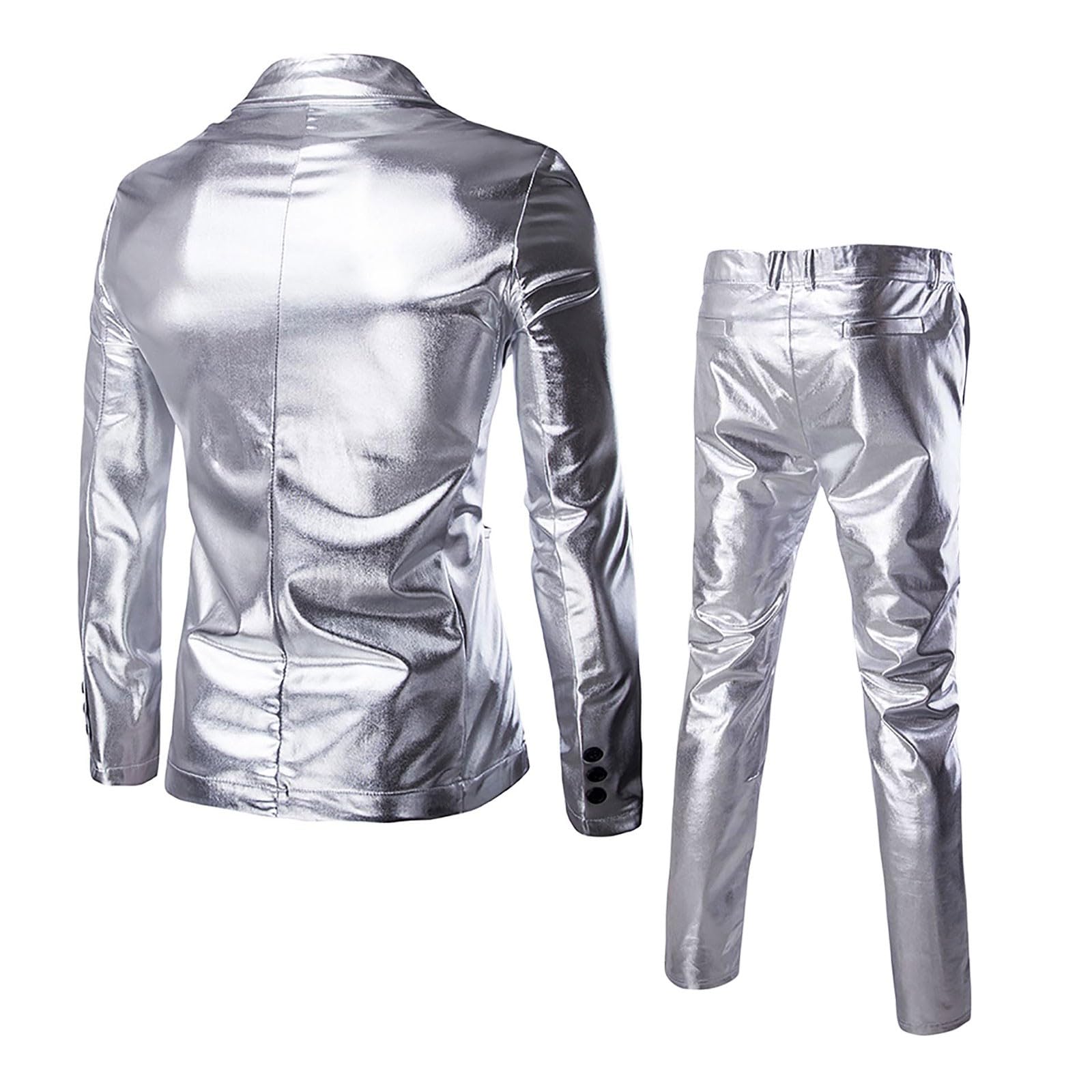 Costume de smoking 2 pièces pour homme - Coupe ajustée - Veste de mariage - Pantalon pour fête disco - Argenté brillant - Tenue de loisirs - Coupe ajustée - 2 pièces - Avec veste de costume et
