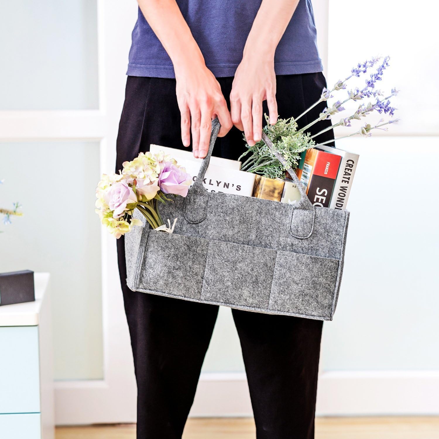 MaidMAX Cesta para Accesorios de Bebé, Canastilla de Bebé, Pañalera Portátil con Compartimentos Ajustables, para Hogar, Coche, Viaje, Gris | Bolsa de fieltro portátil multifuncional con compartimentos intercambiables para habitación de los niños, coche y