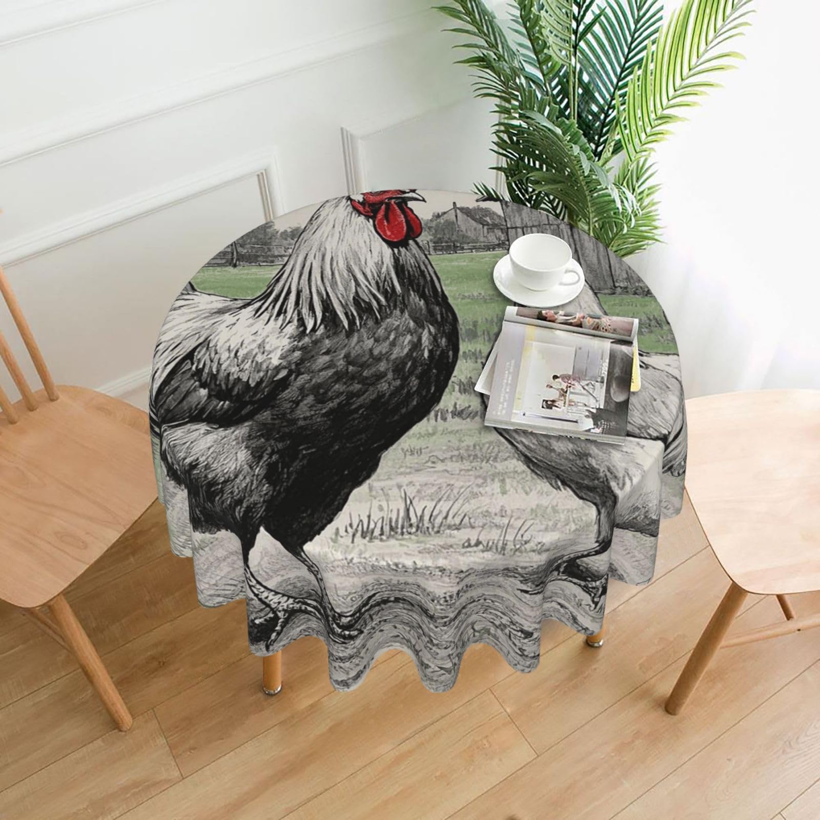 FodPand Rooster and Hen Sketch Farm Tablecloths for Round Tables 60 Inch - Reusable Washable Dining Table Clothes - Stain and Wrinkle Resistant Decorative Fabric Table Cover for Wedding Party