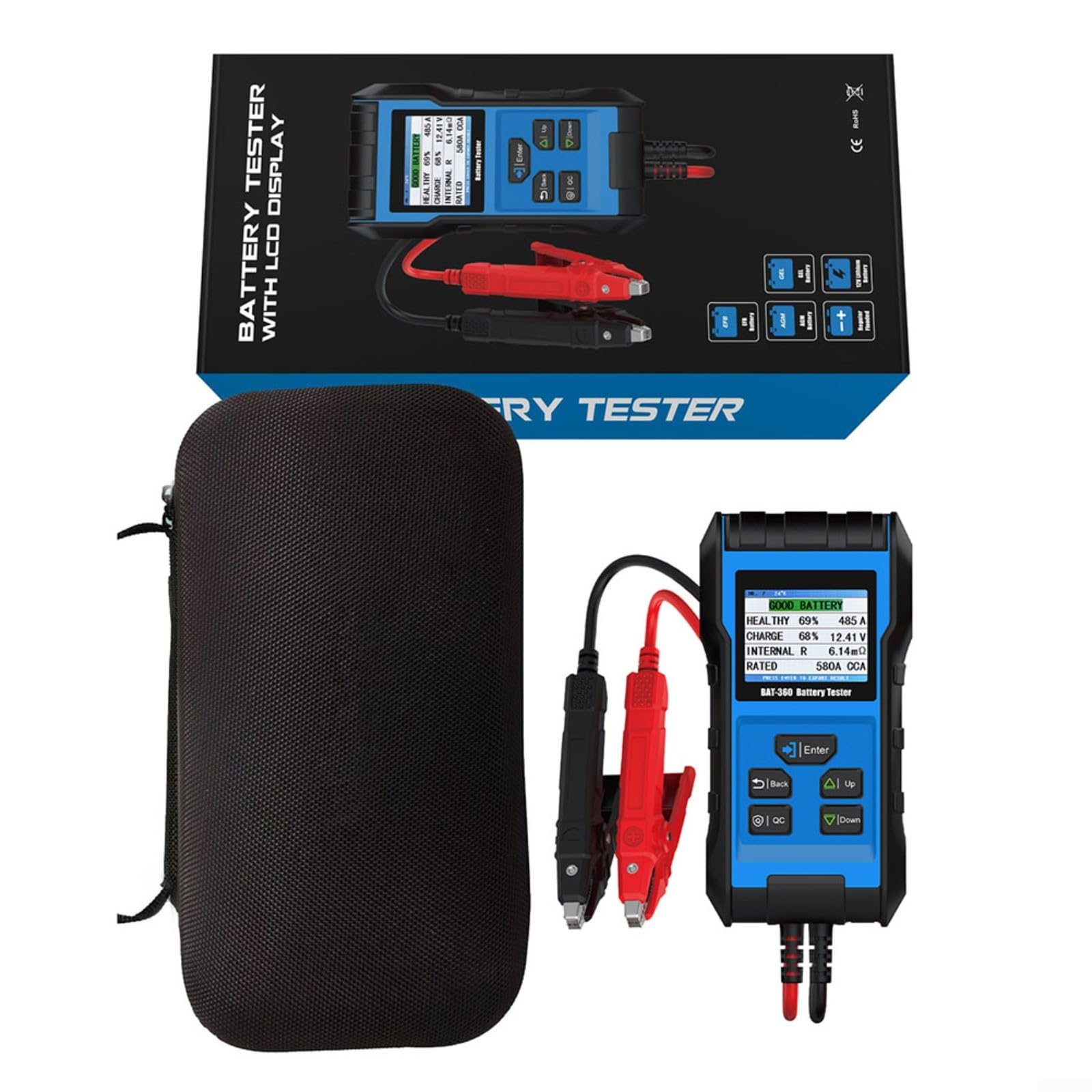 BAT-360 - Comprobador de batería para coche (12 V, con sistema de arranque y sistema de carga, pantalla TFT, comprobador de batería para AGM para Efb GEL para Lifepo4, coche, moto, camión, para taller