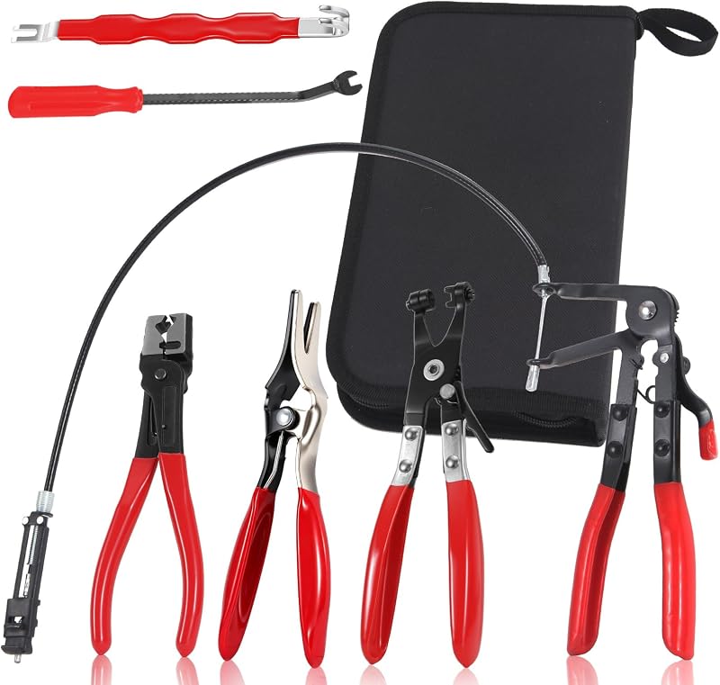 6PCS Hose Clamp Pliers Set, 27" Long-Reach Spring Clamp tool, Flat Band Plier, Clic-R Type Plier & Raditor Remover for Cars, Trucks & SUVs with Storage Bag