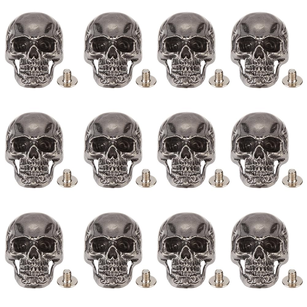 CALFOVERA 12 Pack Skull Screw Back Punk Rivets Leather Decorative Buttons Antique Silver Alloy Vintage Retro Sew on Buttons Metal Nipple Buckles for Leather Bags Purse Clothing Jeans Jacket DIY Crafts