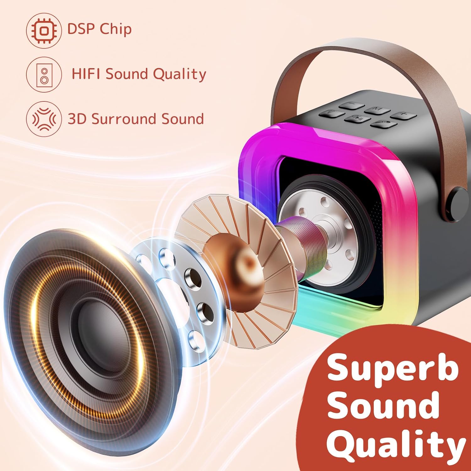 Karaoke Machine for Kids Adults, Mini Karaoke Machine with 2 Wireless Microphones, Portable Bluetooth Speaker with Voice Changing Effects & LED Lights, Best Gifts Toys for Girls and Boys