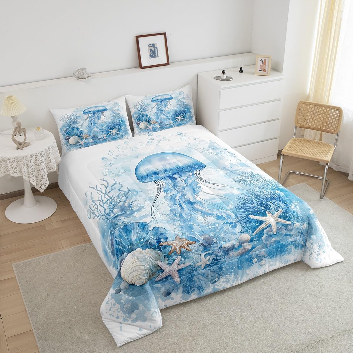 Feelyou Kids Blue Ocean Theme Jellyfish Comforter Set,Underwater World Jellyfish Bedding Set Queen Size,Ocean Beach Comforter,Jellyfish Coral Bed Set for Boys Girls