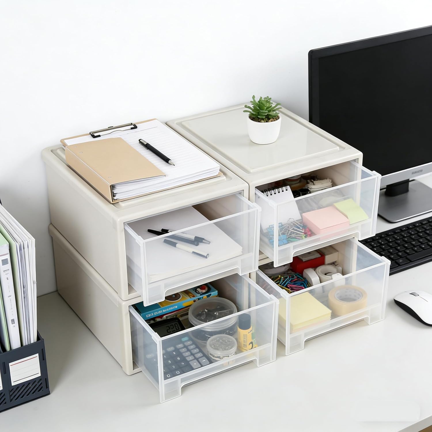 18 Qt. Plastic Desktop Organizer with Clear Drawers, 4-Pack, Stacking Drawers Unit for Closet, Office, Bathroom