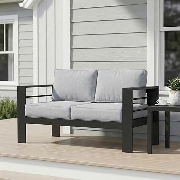 Wisteria Lane Metal Patio Furniture Sofa, All-Weather Outdoor Couch with Upgraded Cushions, Weather-Resistant Heavy Duty Modern Outdoor 2 Seats Sofa for Garden, Balcony, Deck, Backyard, Light Grey