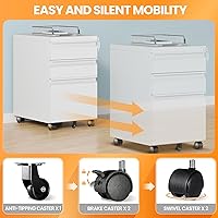 Vista 4 de Gabinete portátil de 3 cajones con cerradura, archivadores enrollables para oficina en el hogar, pequeño gabinete de archivo bajo escritorio