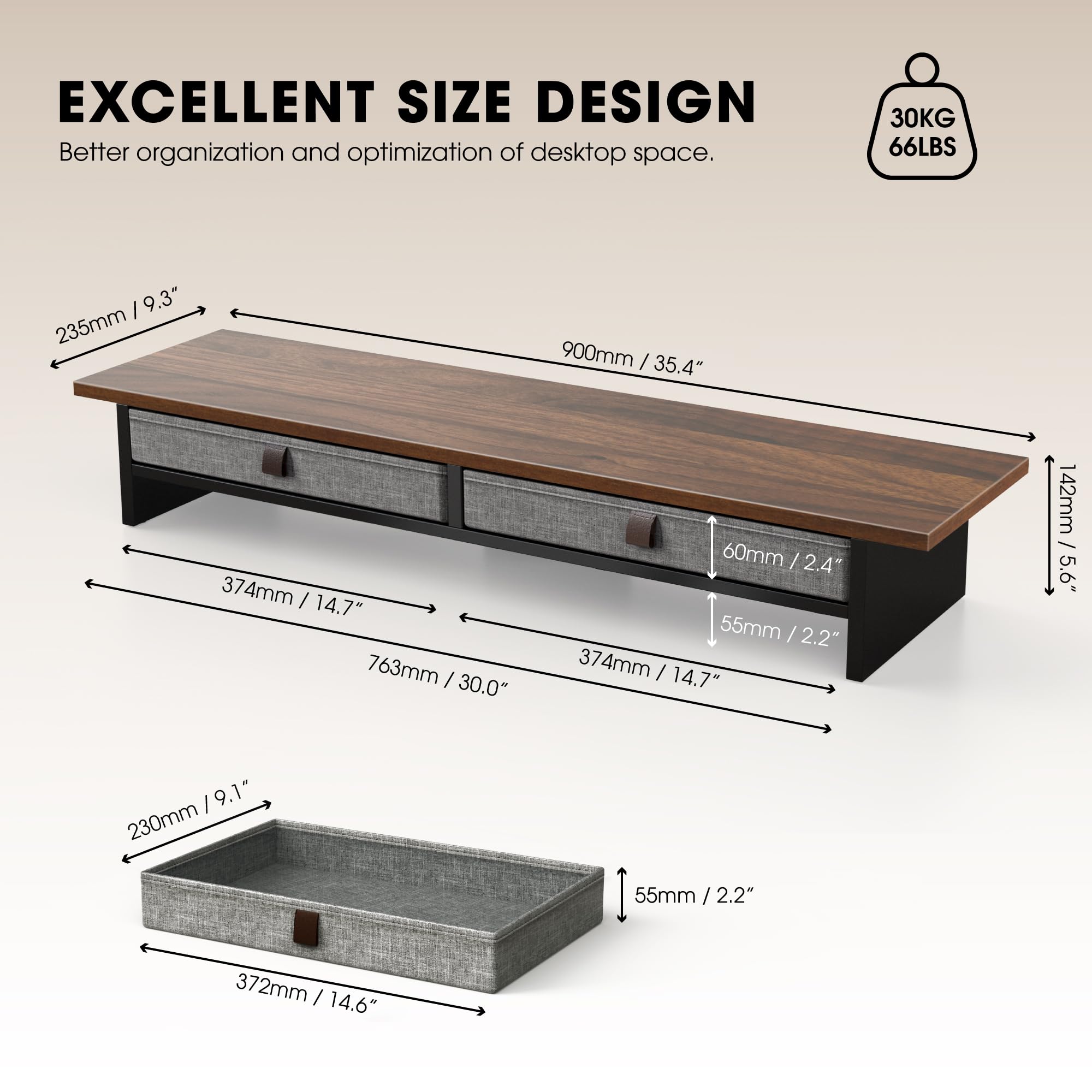 Fenge Support Ecran PC 90cm, 2 Tiroirs Lin, Ordinateur Moniteur TV, Marron | 2 Appareils, Charge 30kg, Pied Supplémentaire, 2 Niveaux, Pastilles Antidérapantes, Organiseur,Écran Imprimante Bureau Maison