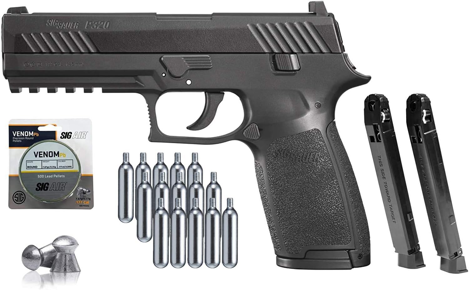 P320 Sig Sauer Airgun .177 Cal 30 Rd with 15x12 gr C02 Tanks and 500 Match Lead Pellets Bundle (Black)