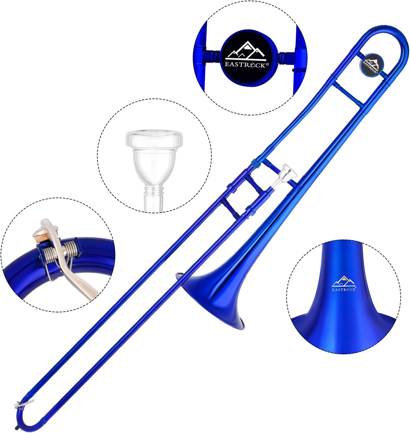 EASTROCK Bb Tenor Slide Trombone, B Flat Brass Plated Trombone Instrument for Beginners Students with Hard Case, with Mouthpiece, White Gloves (12.5mm/200 mm), Blue
