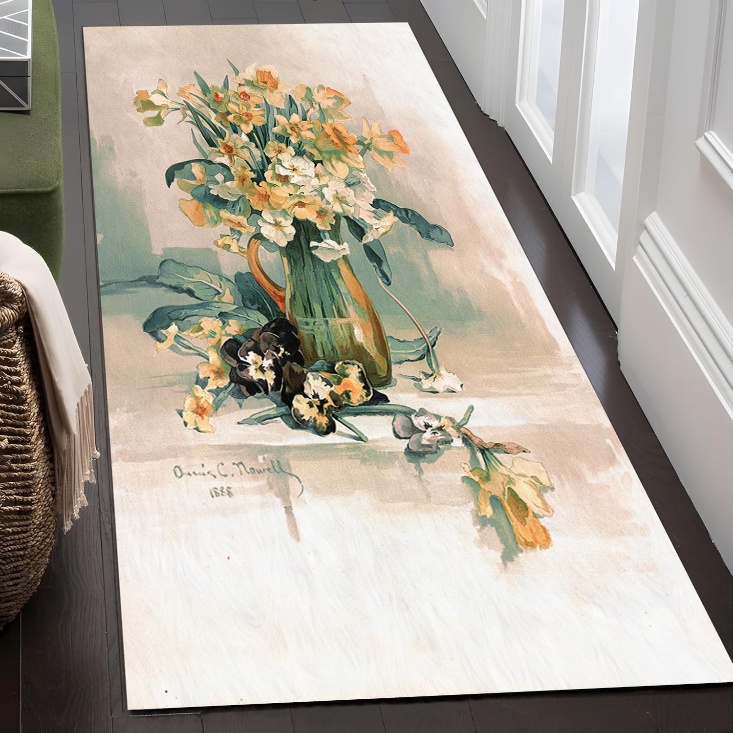 Watercolor Floral Entryway Runner Rug Washable 2x6 Hallway Non Slip Runners Rugs Low-Pile Soft Indoor Floor Carpet for Bathroom Laundry Room Kitchen