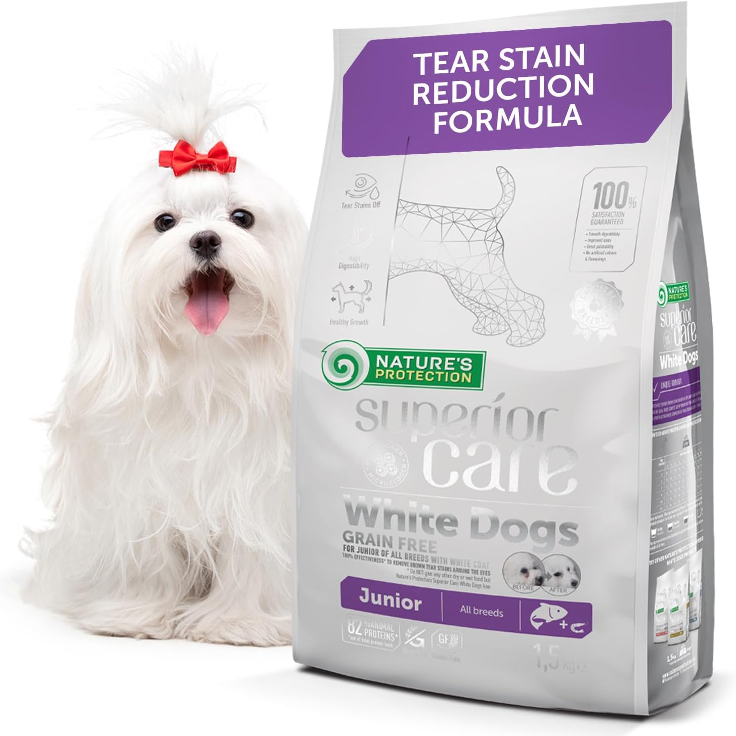 Superior Care Grain Free Dry Dog Food for Junior White Dogs - Hypoallergenic Dog Food with Salmon, Omega 3 & 6 - Reduces Tear Stains, Promotes Healthy Skin & Coat, 1.5kg