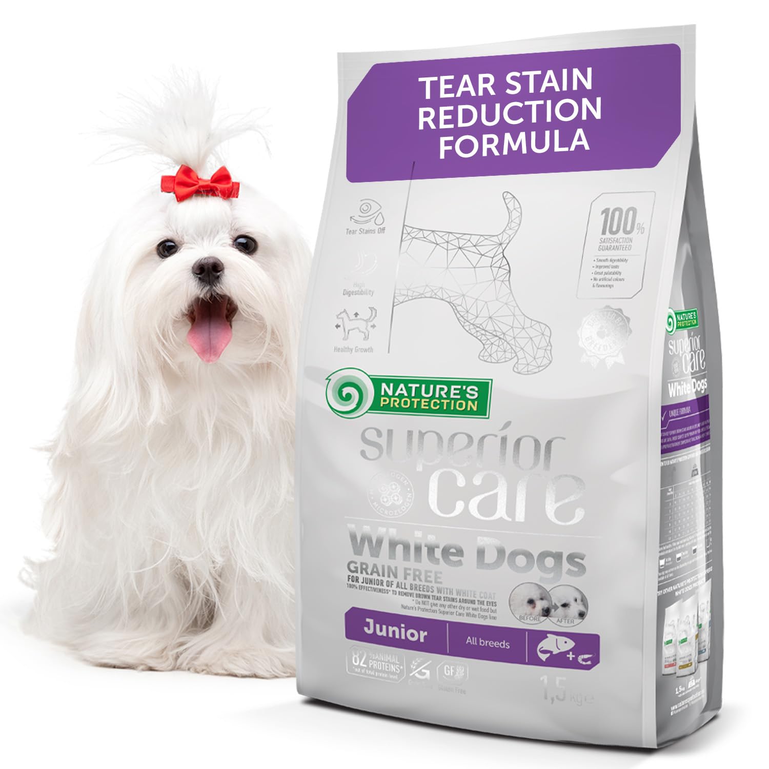 Nature's Protection Superior Care Grain Free Dry Dog Food for Junior White Dogs - Hypoallergenic Dog Food with Salmon, Omega 3 & 6 - Reduces Tear Stains, Promotes Healthy Skin & Coat, 1.5kg