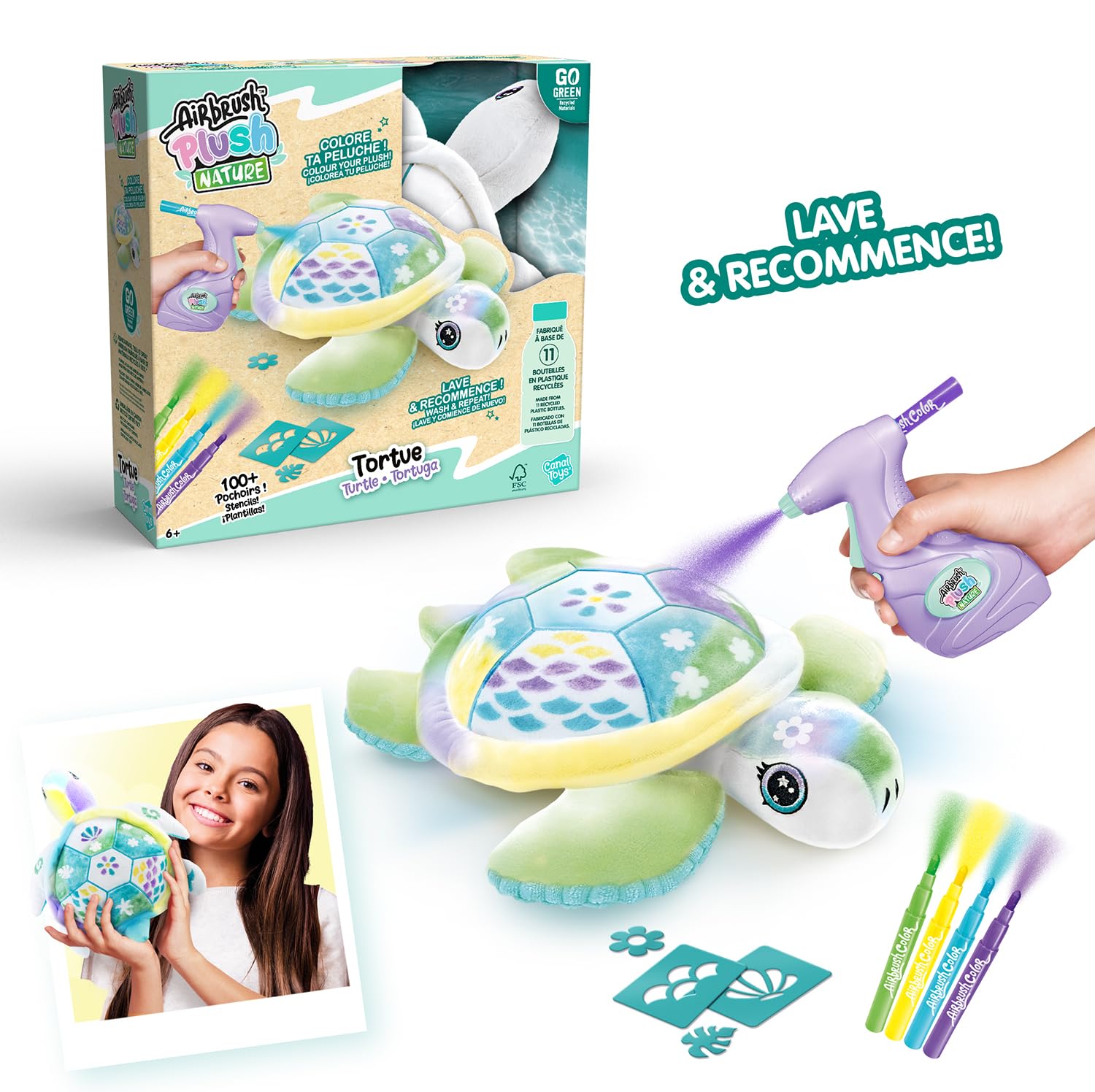 Canal Toys Airbrush Nature Żółw Dostosowywany - Pluszowa sztuka w sprayu z flamastrami i szablonami-certyfikaty FSC i GRS-od 6 lat 280-kanałowe zabawki, OFG 280