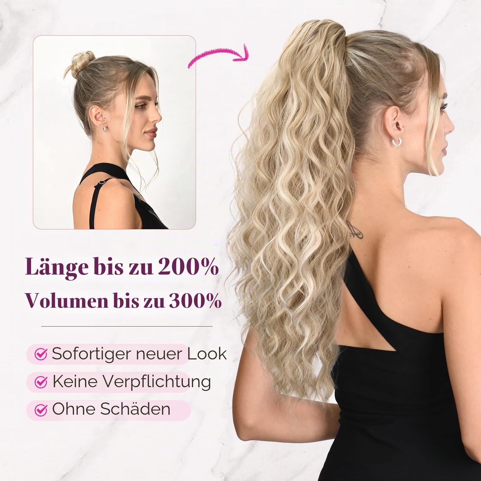 REECHO Ponytail Extension, 66 cm Long Beach Gewellt Zugband Pferdeschwanz Haarverlängerung Synthetischer Pferdeschwanz Haarteil für Frauen – Aschblond mit Highlights