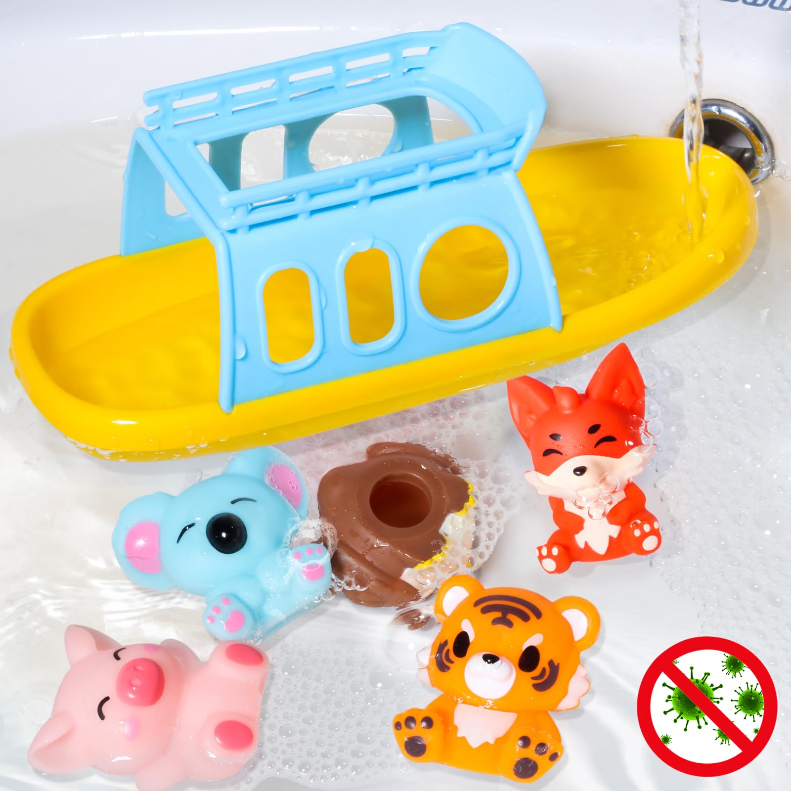 Oriate Bath Toys for Kid, 1 Boat and 5 Silicone Animal Finger Puppets, Sensory Learning Toy Set in The Bathtub, Pool, Beach, Gifts for Kids Boys Girls 3 4 5 6 Year Old