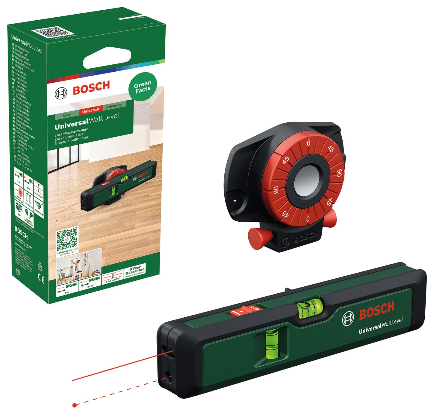 Bosch niveau à bulle laser UniversalWallLevel (niveau à bulle, laser ligne pour des alignements faciles sur des murs jusqu'à 5 m, point laser pour des reports en hauteur jusqu'à 20 m, boîte en carton)