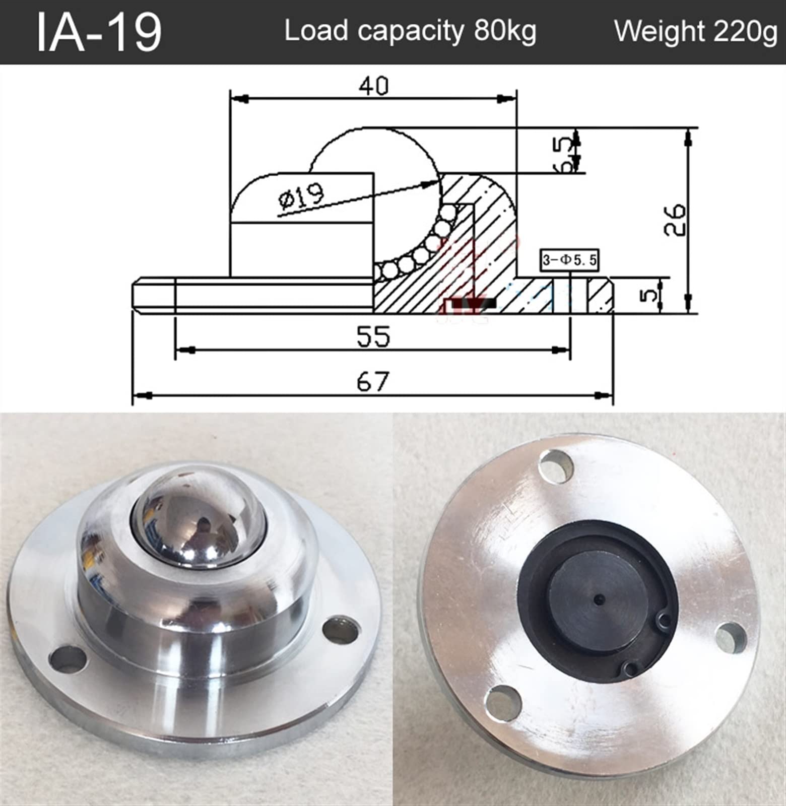 Heavy Duty 19 25 38 Präzision Universal Kugellager Rollen Rad Runde 3 Löcher 1Pcs(IA-19)