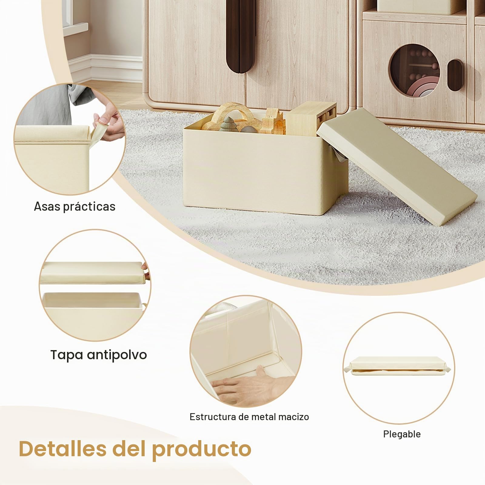 WOLTU Cajas de Almacenaje con Tapa, Juego de 5 Cajas Plegables, 5 Cajas Organizadoras con Asas, Cajas Almacenaje de Tela, Cestas Resistentes para Ropa y Juguetes, Crema, 43x26x33 cm