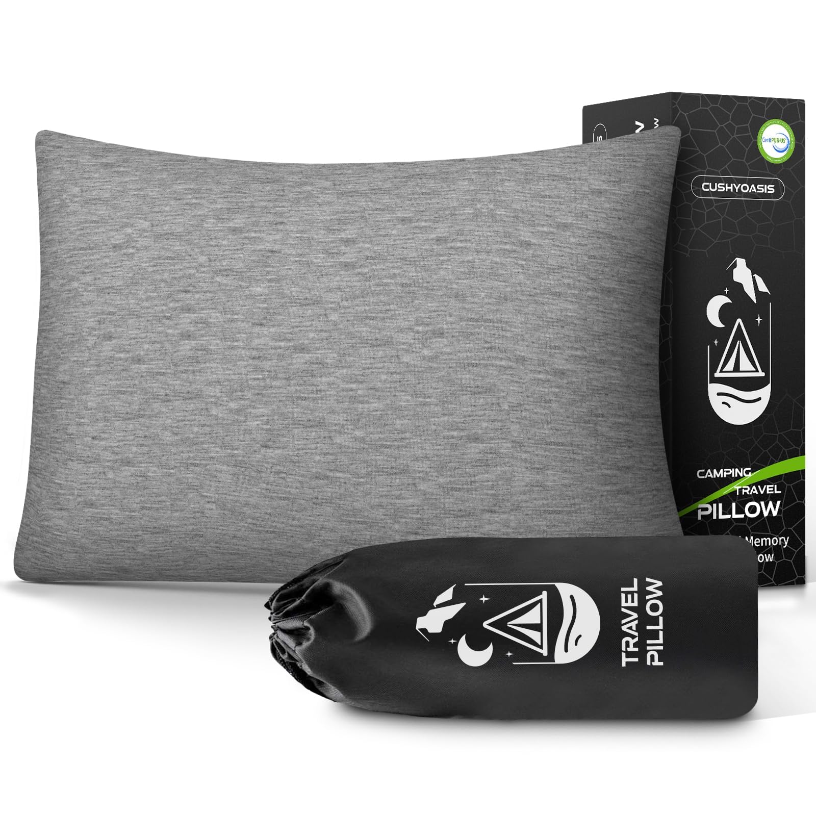 CushyOasis Camping Pillow Set with Travel Pillow, Eye Mask, Earplugs Small
