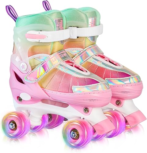 Rainbow Roller Skates for Girls Kids, Gradient Pink Purple 4 Size Adjustable Quad Skates Size XS S, M, L Ages 3-12 with All Light Up Wheels for Kids