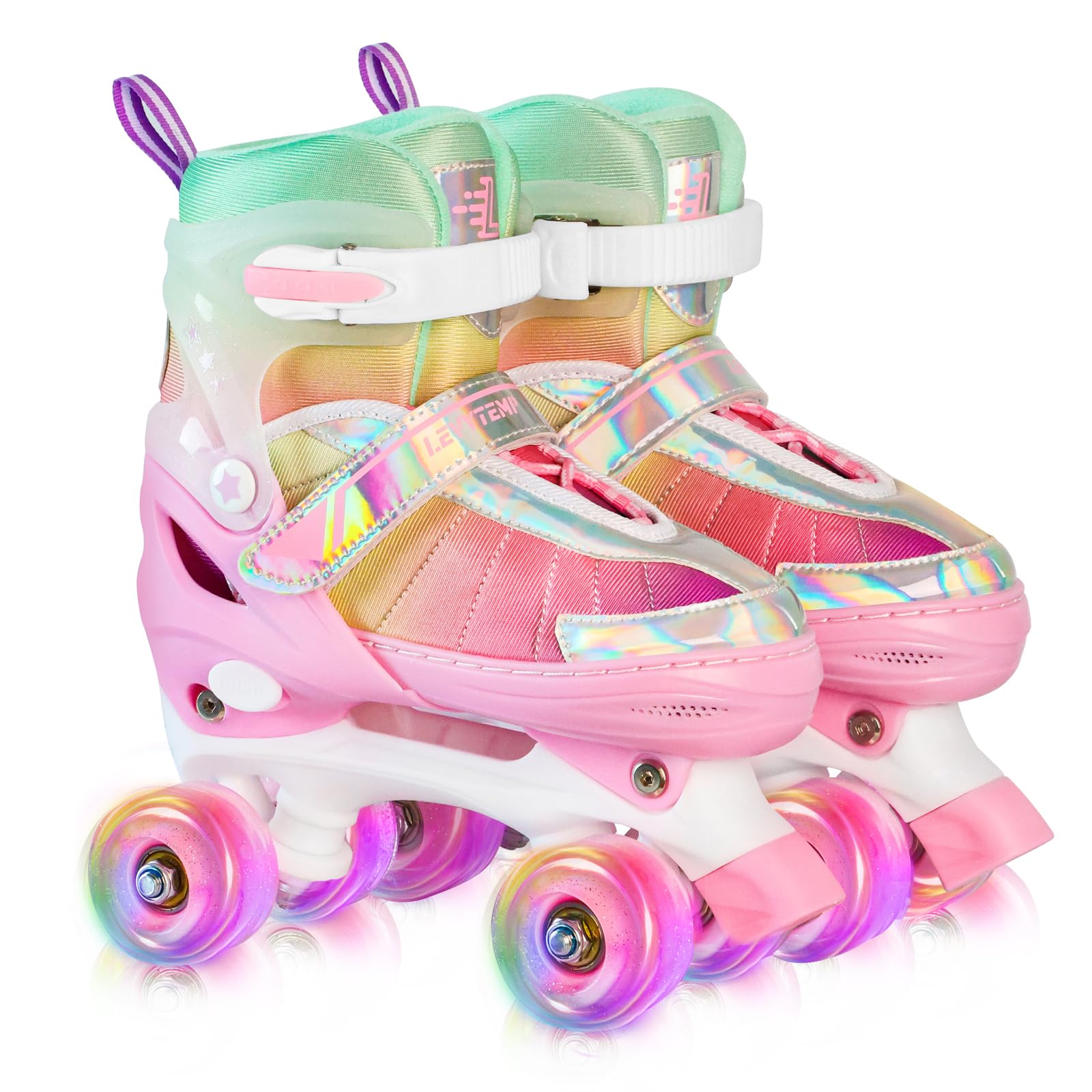 Rainbow Roller Skates for Girls Kids, Gradient Pink Purple 4 Size Adjustable Quad Skates Size XS S, M, L Ages 3-12 with All Light Up Wheels for Kids Youth Outdoor Indoor