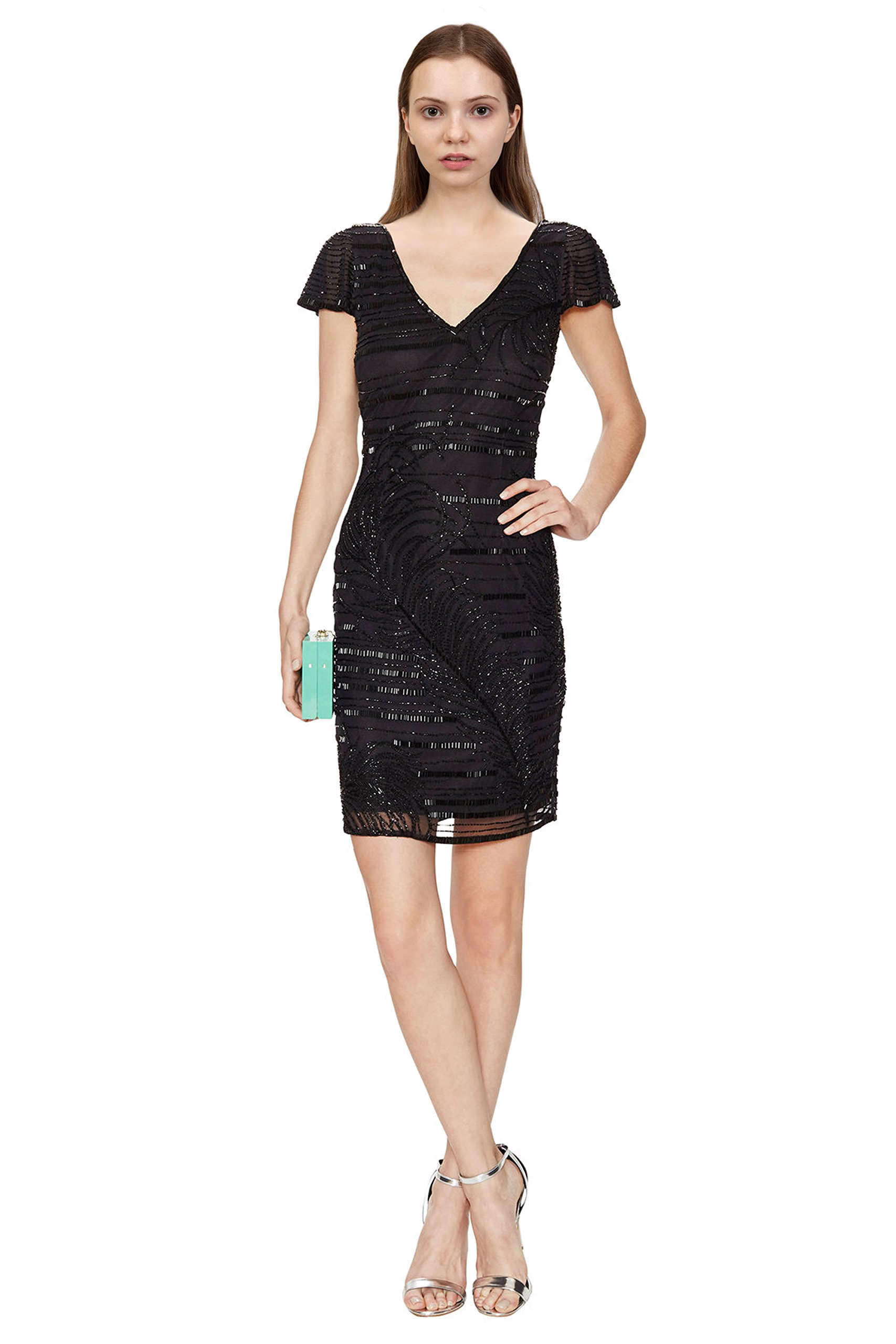 Theia Beaded V Neck Flutter Sleeve Lbd Cocktail Dress Black | Desertcart  Aruba