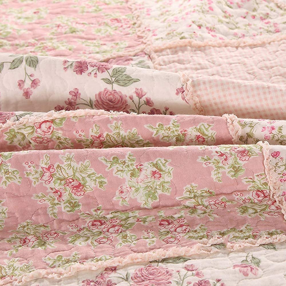 3-teiliges Tagesdeckenset aus Baumwolle, hypoallergen, gestepptes Bettdeckenset, 1 Bettdecke mit 2 Kissenbezügen, Queen-Size-Größe, 228,6 x 258,9 cm, Rosa, Romantisch