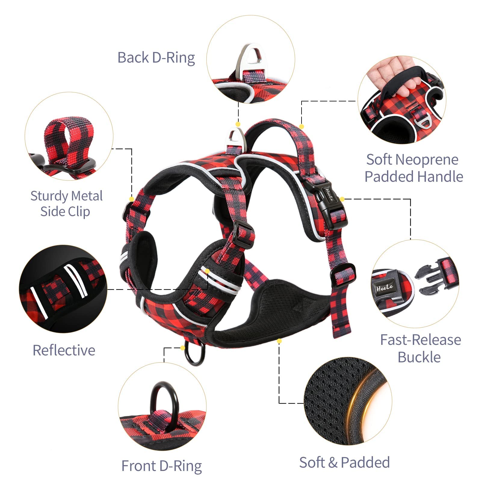 HEELE Pettorina per Cani No-pull Pettorina Cane con Manico Imbracatura Riflettente Traspirante, Pettorina Cane Taglia Piccola per Camminare, Addestrare Le Passeggiate, Plaid Nero-Rosso, XS