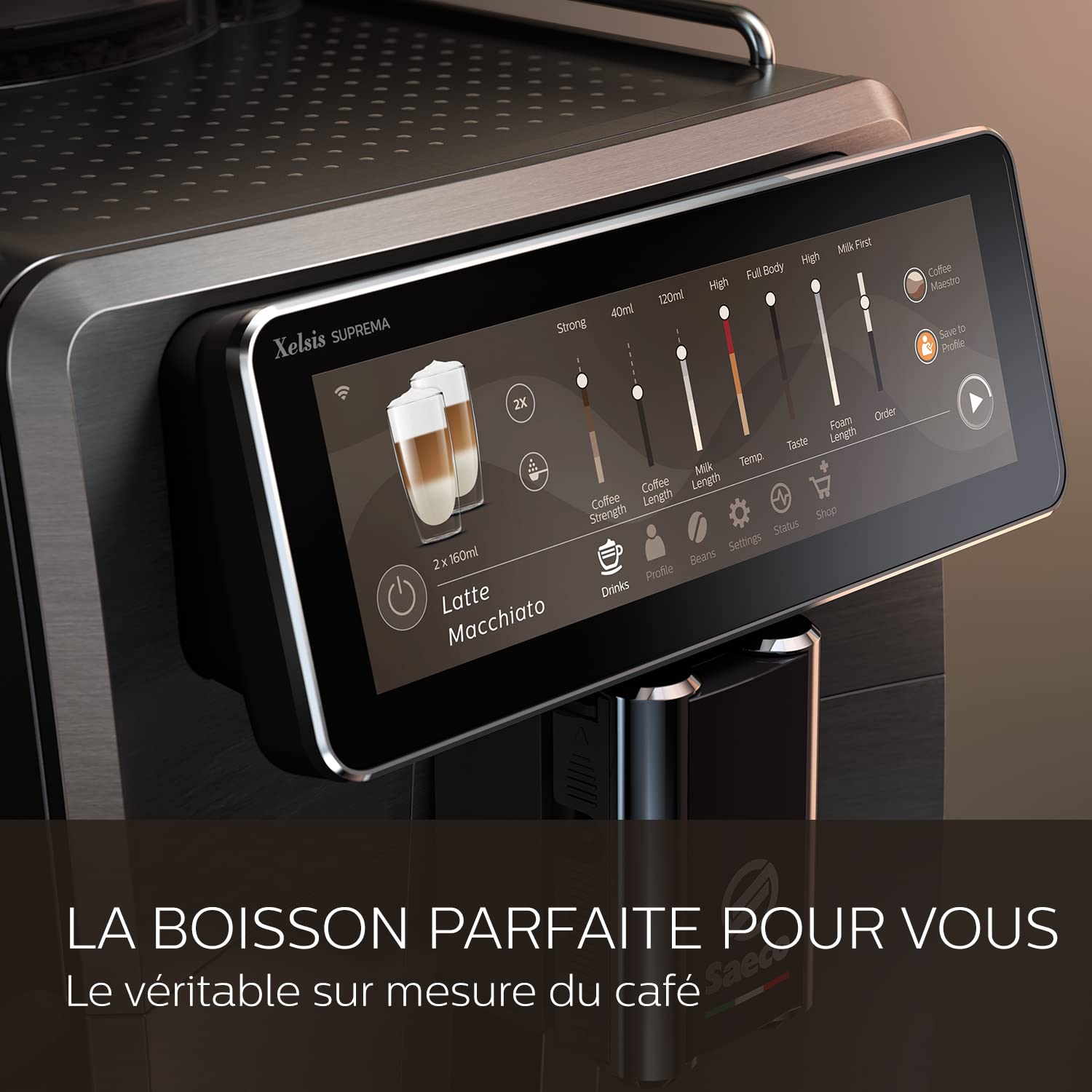 Saeco Expresso broyeur Xelsis Suprema - 22 Boissons, Connexion Wi-Fi, Écran Tactile Intuitif de 7.8", 8 Profils, Broyeur en Céramique, Machine à café à grain façade en inox titanium (SM8889/00)