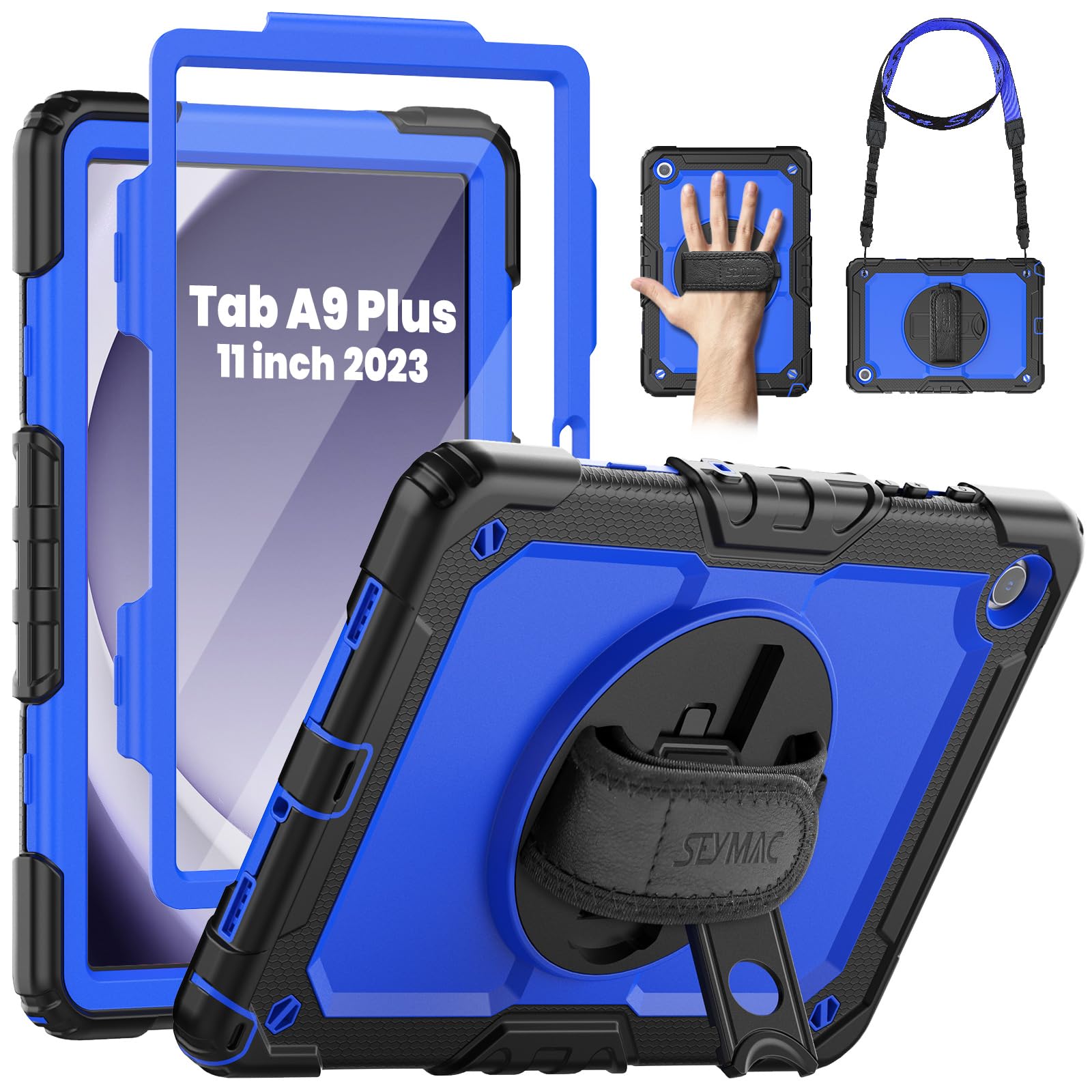 SEYMAC Case for Samsung Galaxy Tab A9+ Plus Case 11" 2023 (SM-X210/X216/X218), Heavy Duty Shockproof Protective Case with Screen Protector, Rotating Stand, Hand/Shoulder Strap and Pen Holder, Blue