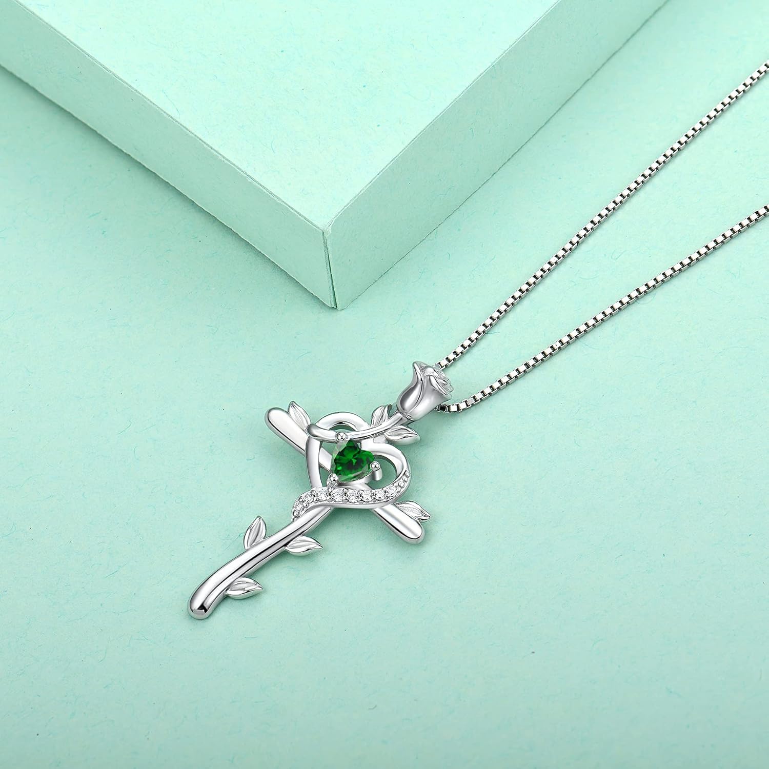 STARCHENIE Rose Cross Necklace 925 Sterling Silver Heart Crucifix Pendant Birthstones Jewelry for Women - Image 5