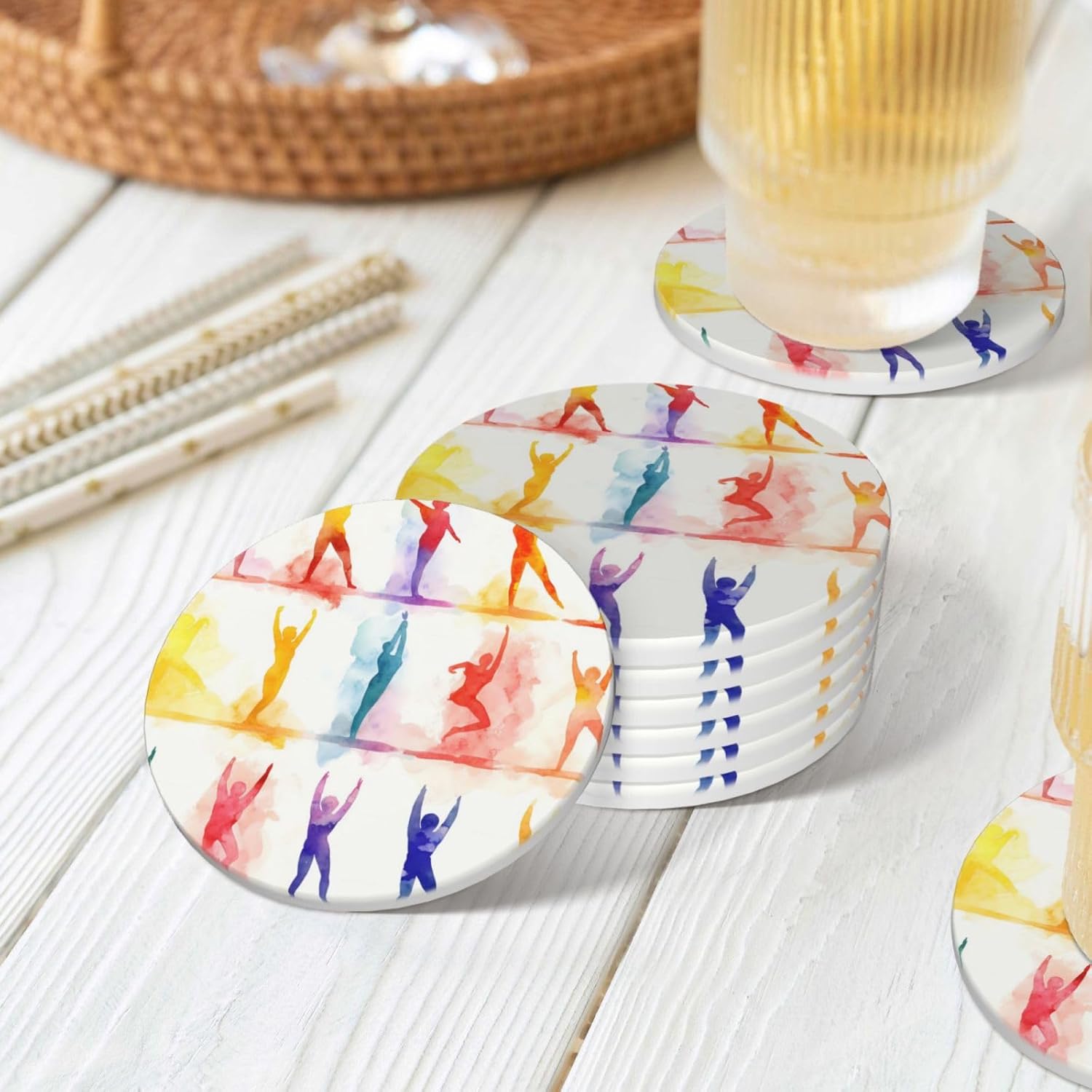 ドリンクコースター6枚セット セラミックコースター ホルダー付き 体操ゲーム ラウンドコースター ドリンク用 卓上保護 カップマット