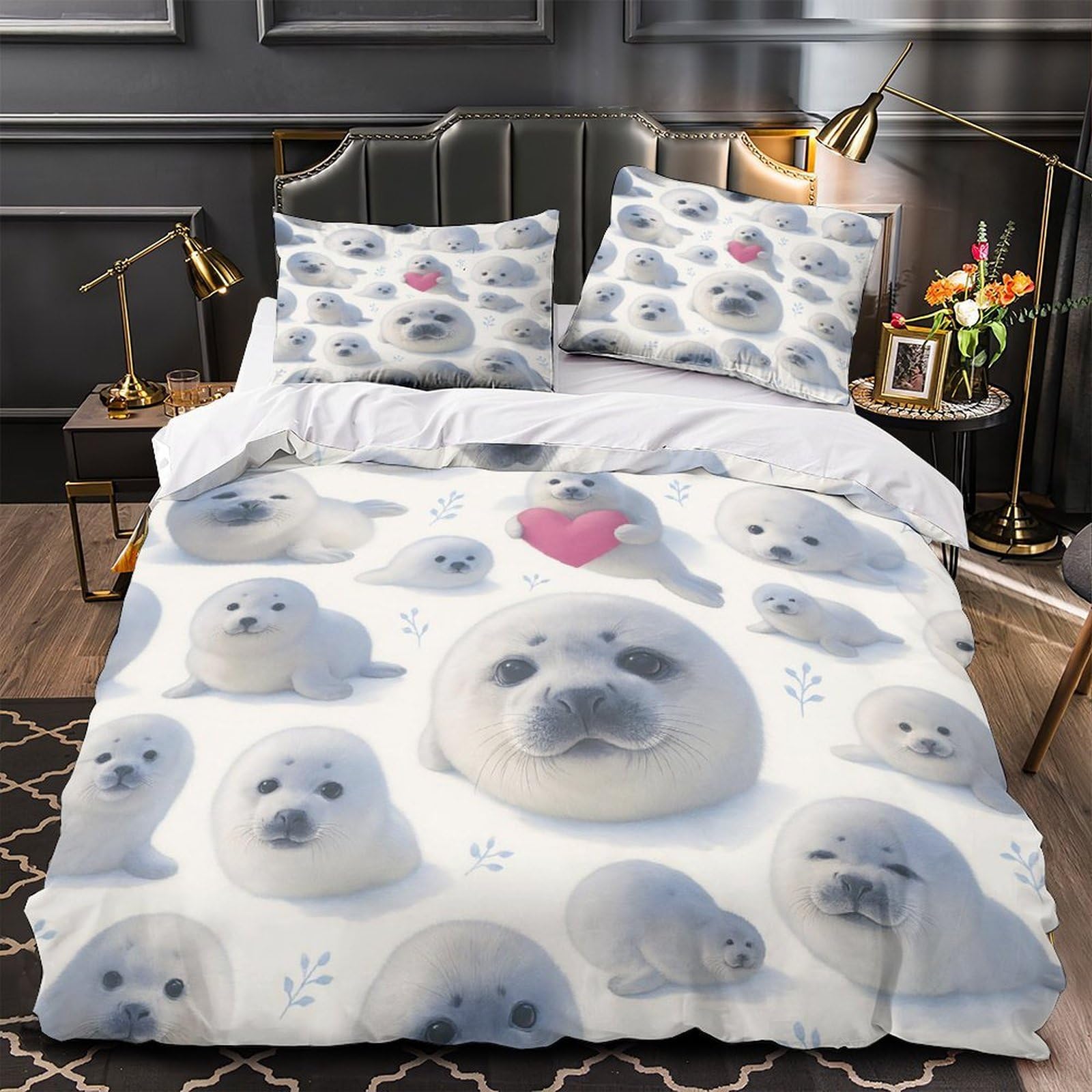 Housse de couette phoque 3D anti-acarien avec taies d'oreiller pour literie d'adolescent