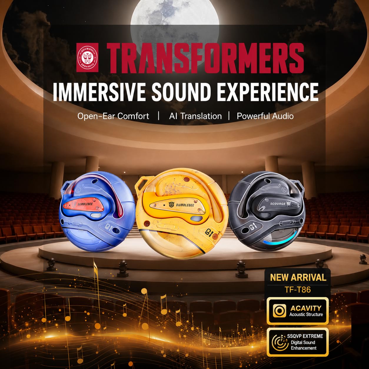 Transformers Flux T86 Auricolari wireless Bluetooth con gancio auricolare, custodia di ricarica per armatura in lega di zinco resistente, driver Hi-Fi da 14,2 mm, microfono integrato, modalità gioco e