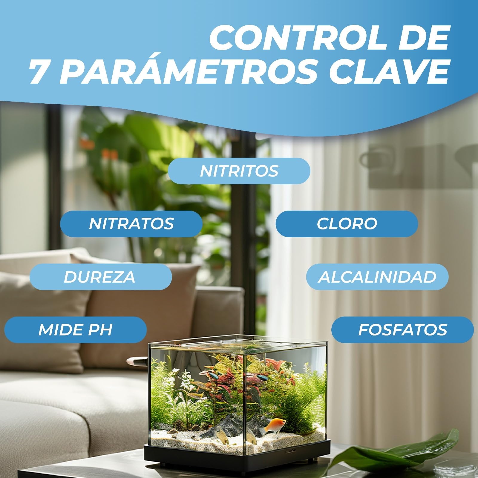 100 Tiras Reactivas 7 en 1 para Control del Agua Dulce del Acuario – Medición de 7 Parámetros con Bote de Regalo para Tiras Usadas. Set acuario