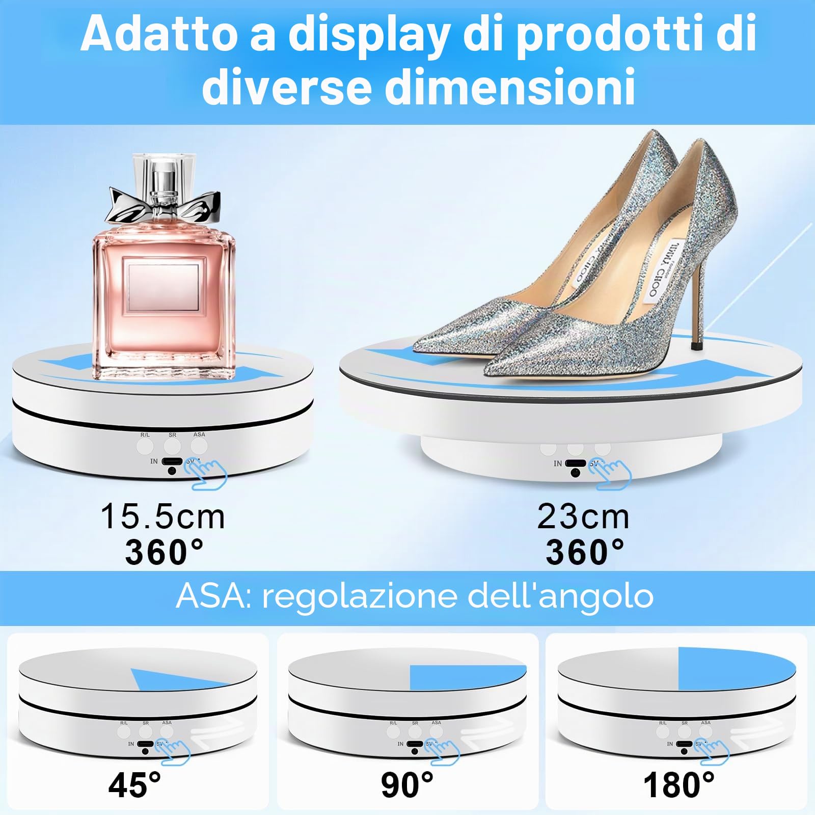 Piattaforma Girevole Elettrica 360°,Piattaforma Rotante Automatica USB per Gioielli,Orologi,Prodotti Digitali,Velocità Regolabile Espositore Girevole Elettrico con 2 Pannelli di Sfondo (Bianco)