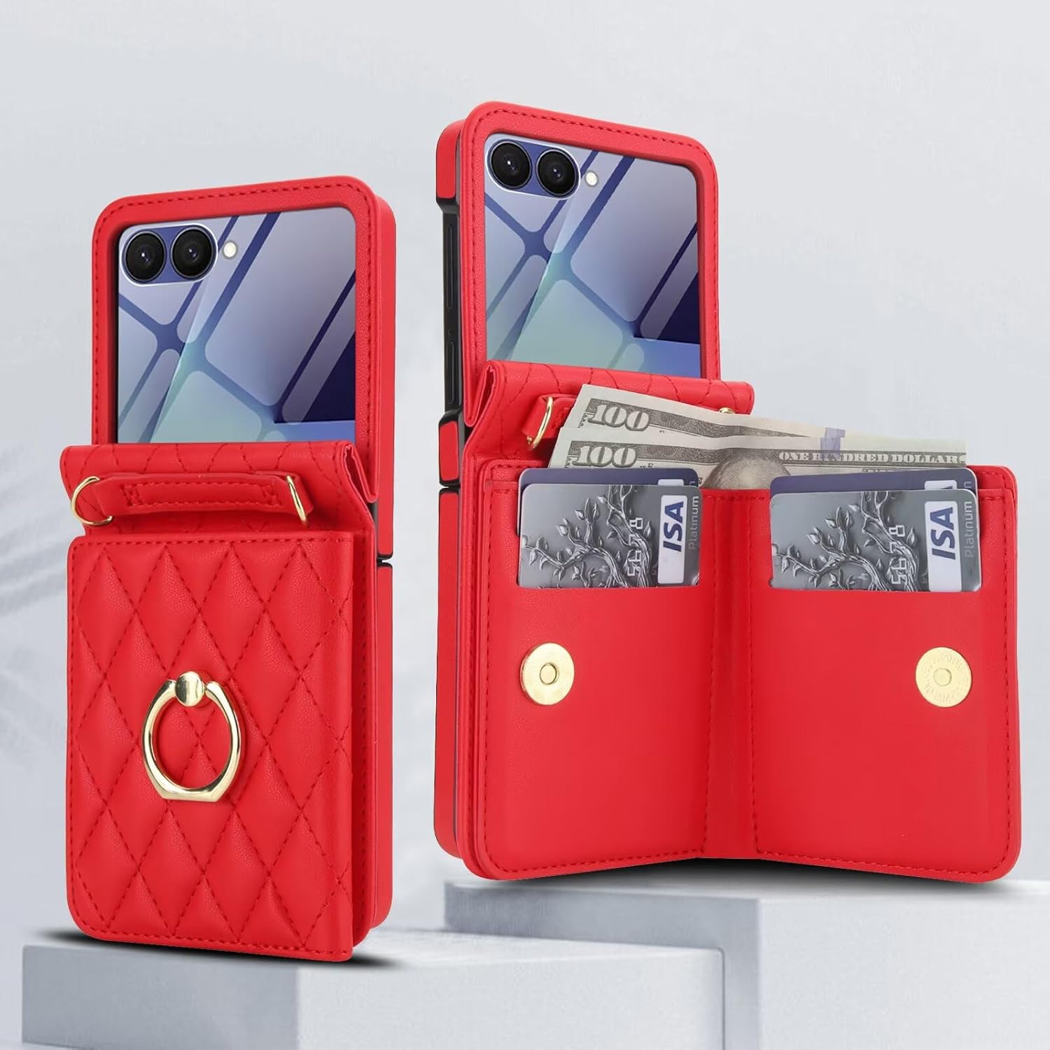 Wallet Phone Case for Samsung Galaxy Z Flip 7 Fashion PU Leather Purse Crossbody Cover with Ring Screen Protector Adjustable Lanyard Card Slot Magnetic Kickstand for Women Girls Red