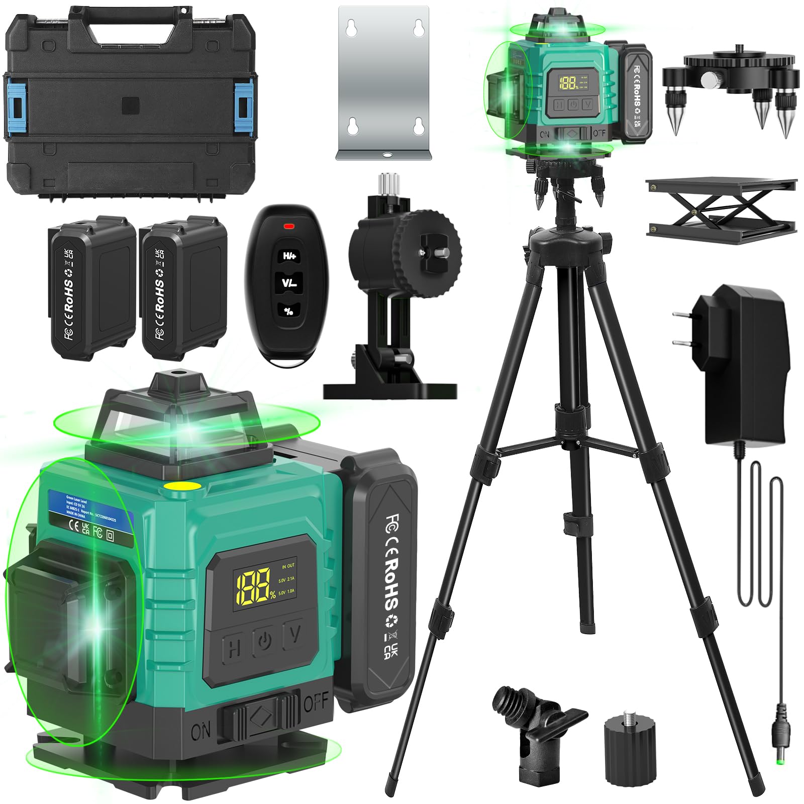 4 x 360°Nivel Láser Con Soporte de Trípode - Autonivelante Nivel Láser 4D de 16 Líneas con 3600 mAh Batería,con Mando a Distancia,para Obras,Interiores | Nivel láser de 4 × 360 ° con autonivelante y mando a distancia para interior de obra, 2 baterías recargables de 3600 mAh