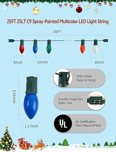 Miniatura 2 de Luces de Navidad multicolor LED - 7.6 metros, 25 bombillas C9, luces de cadena para interior y exterior, impermeables y conectables, con cable verde