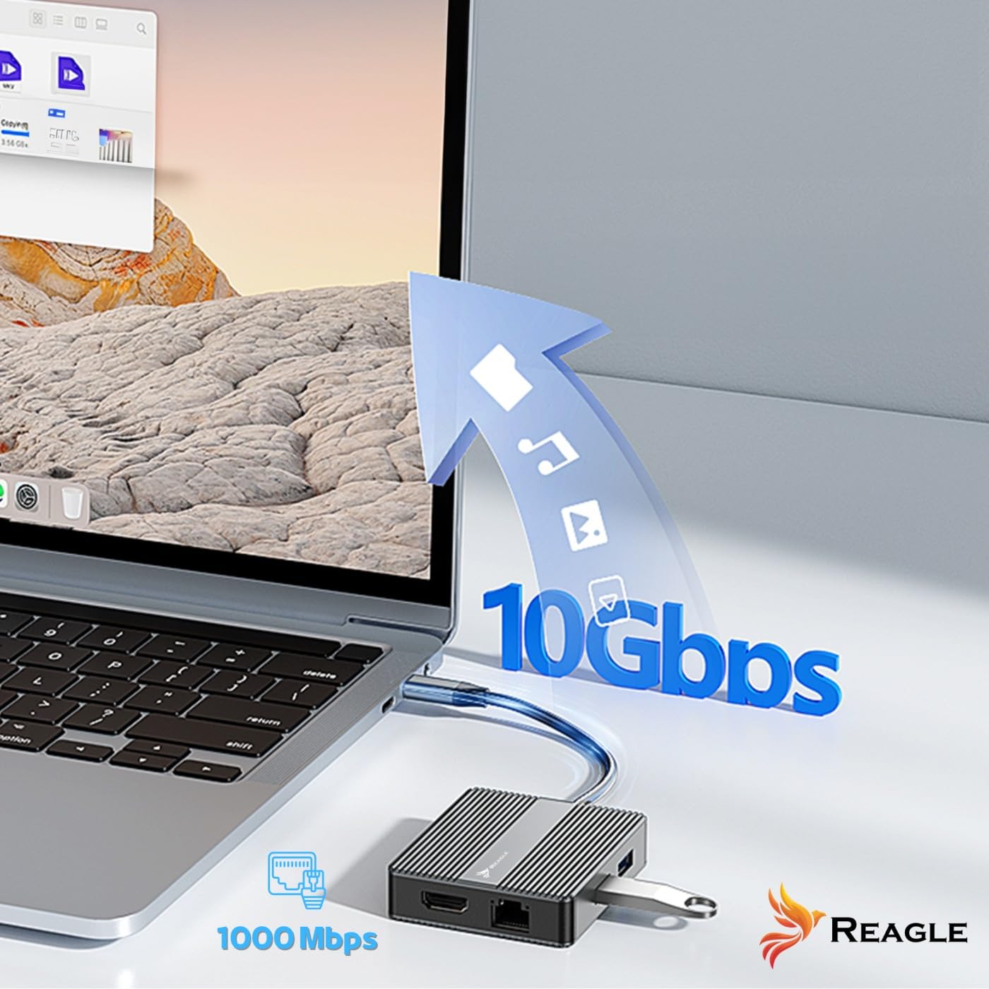 Reagle HUB USB-C 7 in 1 2 X HDMI 4 K 60 Hz PD 100 W SB-C 3.2 Gen2 10 Gbps LAN RJ45 1000 Mbps adattatore plug & play video mirroring, modalità avanzata