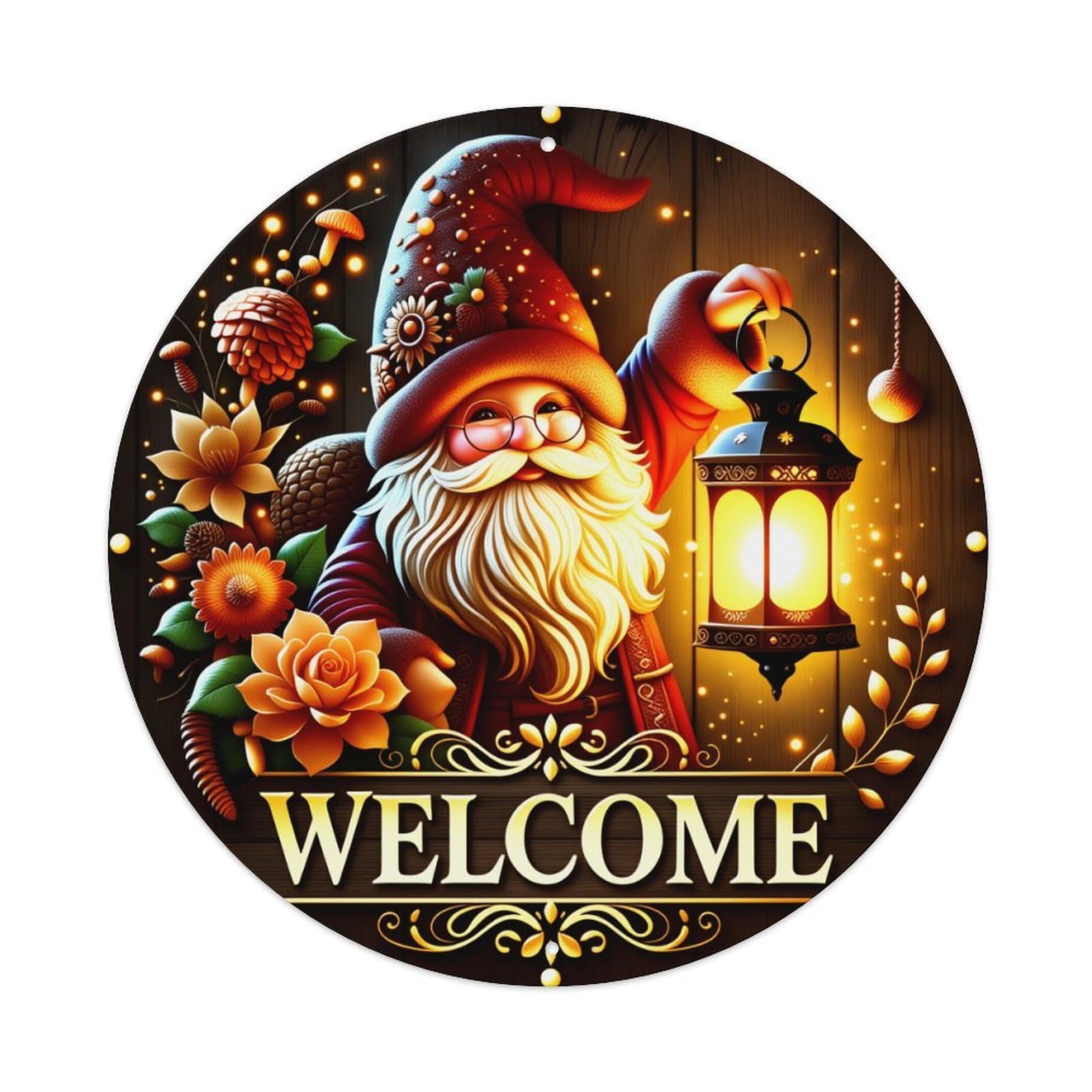 Gnome Lantern Flowers Welcome Autumn Decorative Pattern Round Vintage Tin Sign,Retro Wall Art,Metal Poster for Home, Bar, Garage, Cafe, Rustic Indoor & Outdoor Decor, 8x8 Inches